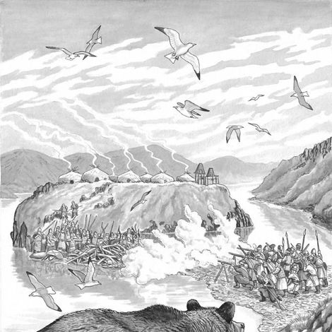 штурм острога в устье реки Оклана, автор Николай Фомин
